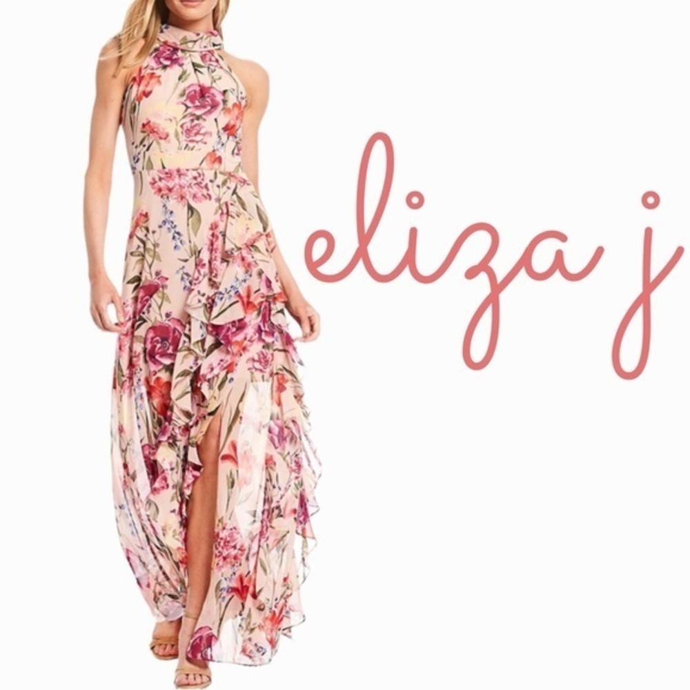 Eliza J NWT
Halter Neck Floral Print Chiffon Sleeveless Ruffle Maxi Dress